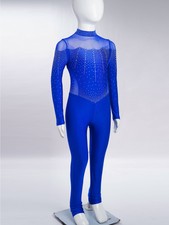 Kids Girls Bodysuit Dancewear Leotard Rhinestones Jumpsuit Romper Mock Neck