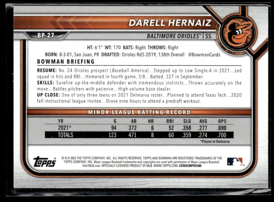2022 Bowman Prospects Darell Hernaiz #BP-27 TS1 - Image 2 of 2