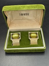 Vintage Swank Gold Tone Green Lucite Mesh Chain Wrap Cuff Links 1960s With Box