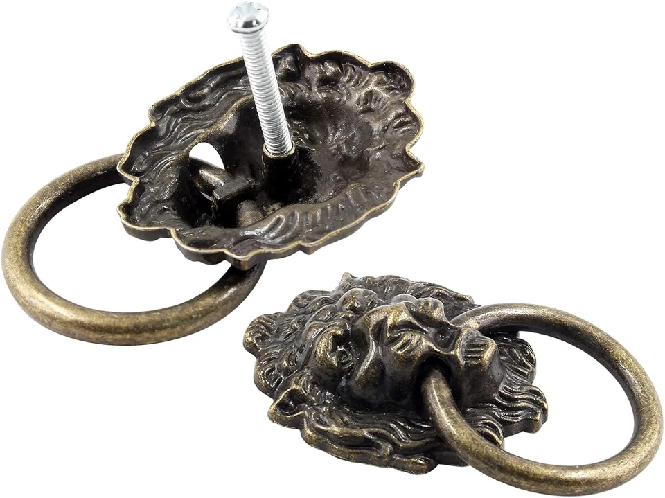 Tirador de perillas de cabeza de león de 6 piezas, manijas de anillo de bronce antiguo para cajones de tocador Foto 3 de 4