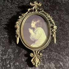 Vintage Ornate Metal Frame A Young Girl Praying - Baroque Rococo 6.5” L ITALY