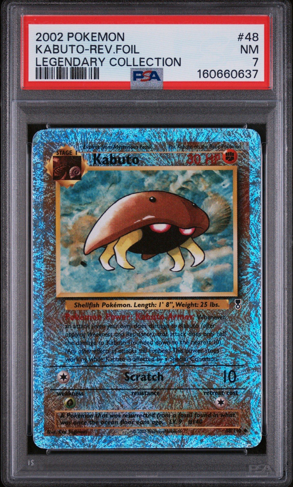 2002 POKEMON LEGENDARY COLLECTION #48 KABUTO-REVERSE FOIL PSA 7
