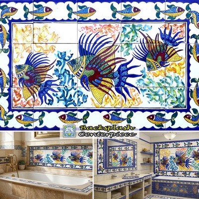Golden Fish Backsplash, Made to Order, Bathroom Shower Ceramic Tiles Wall Mural