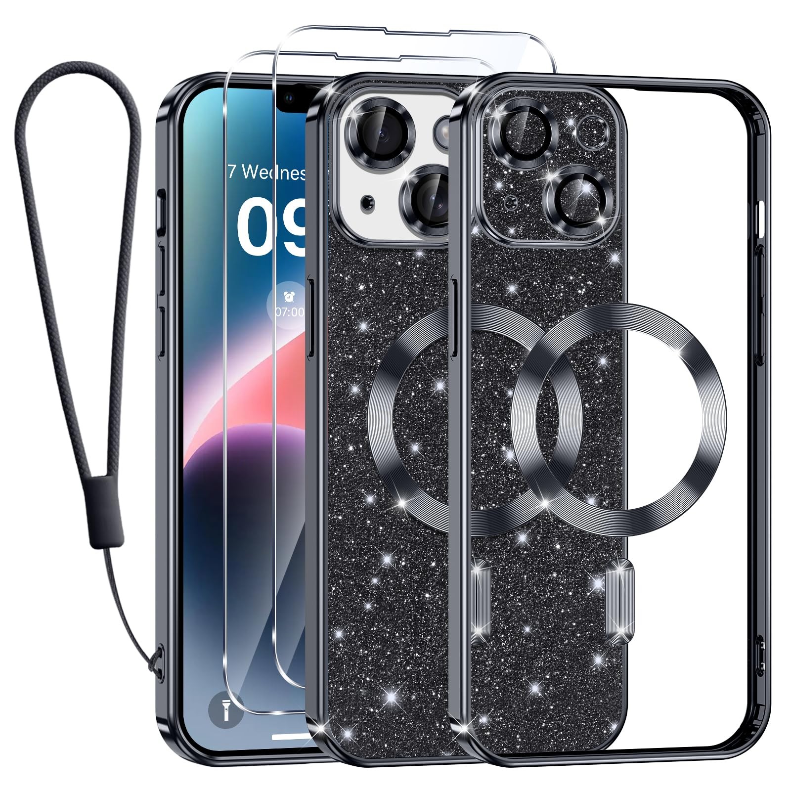 Coque magnétique iPhone 14 Plus pailletée avec protection anti-choc silicone