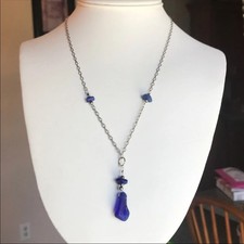 Delicate 925 Sterling Silver Y Necklace w/ Cobalt Blue Sea Glass Pendant