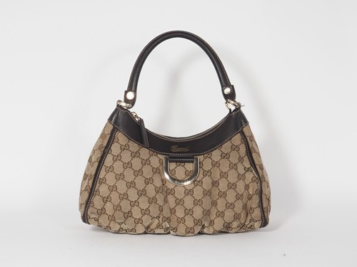 Gucci GG Canvas Abbey D-Ring Hobo Bag Beige Brown Shoulder Purse