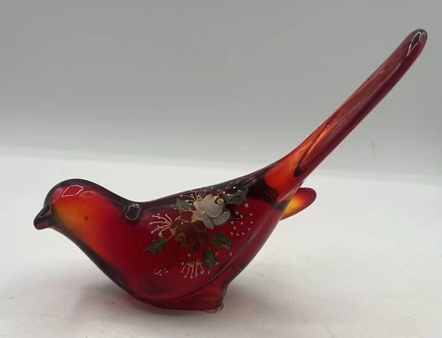 Fenton Amberina Hand-painted Long-tail Bird- Signed By C Griffiths Sticker 1989
