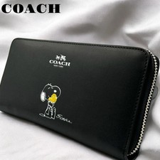 COACH x PEANUTS Long Wallet Snoopy Woodstock Leather Zip Black New F/S A