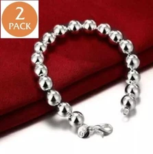 2xWomen 925 Sterling Silver 10mm Hollow Beaded Balls Light Weight Chain Bracelet