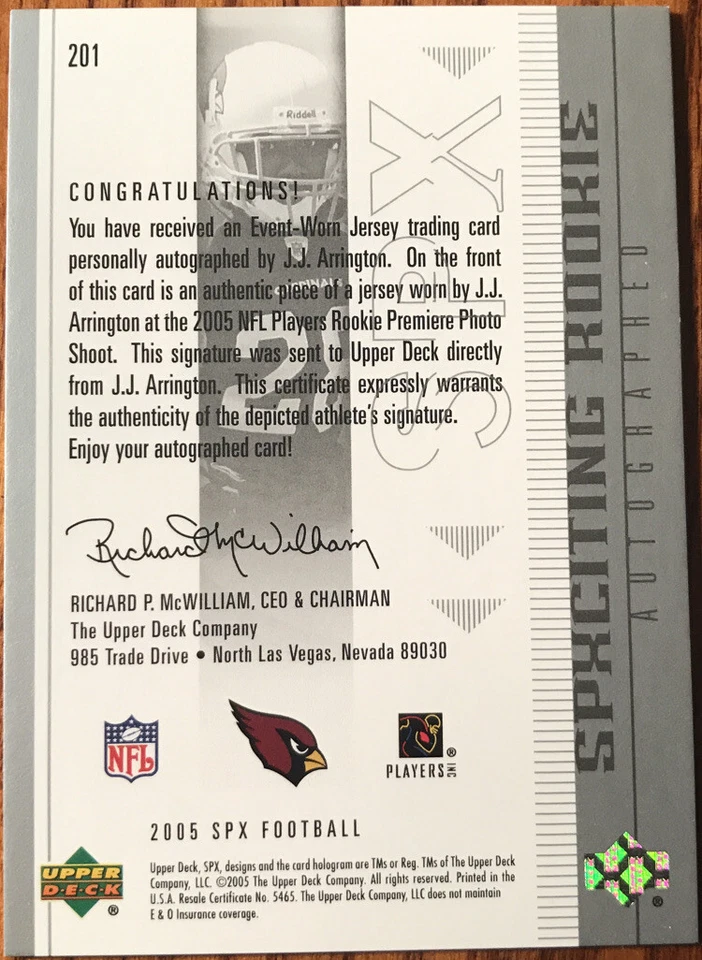 2005 SPx Rookie Jersey Autograph J.J. Arrington #201 #’d 1012/1275 - Image 2 of 2