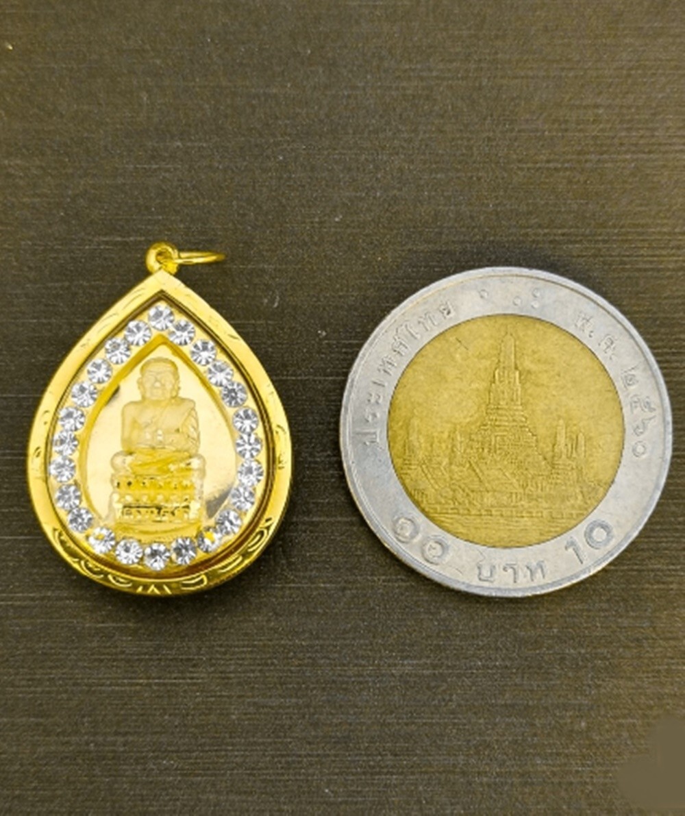Thai Amulet Pendant LP Thuat Water Drop Shape Surrounded Gems 90Pure
