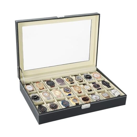 Elegant Black 24-Slot Portable Watch Box Case Organizer for Collections-image