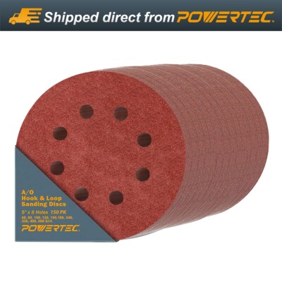 POWERTEC 150PK 5 Inch 8 Hole Hook and Loop Sanding Discs Assorted Grits (45054)