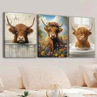 3pcs Highland Cows Blue Sky & White Clouds Brown Wall Art Canvas Unframed/Framed