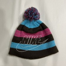 Nike Girls Pom Pom Swoosh Beanie Cap Pink Brown Blue Stripes Size 7-16 Winter