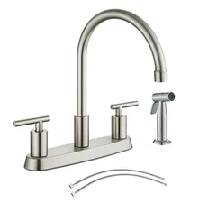 Kitchen Faucet 2 Handle 3 Holes Brushed Nickel w/Side Sprayer Rotating Mixer Tap