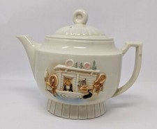 Vintage Porcelier Vitreous China Teapot with Raised Hearth Scene Made in USA