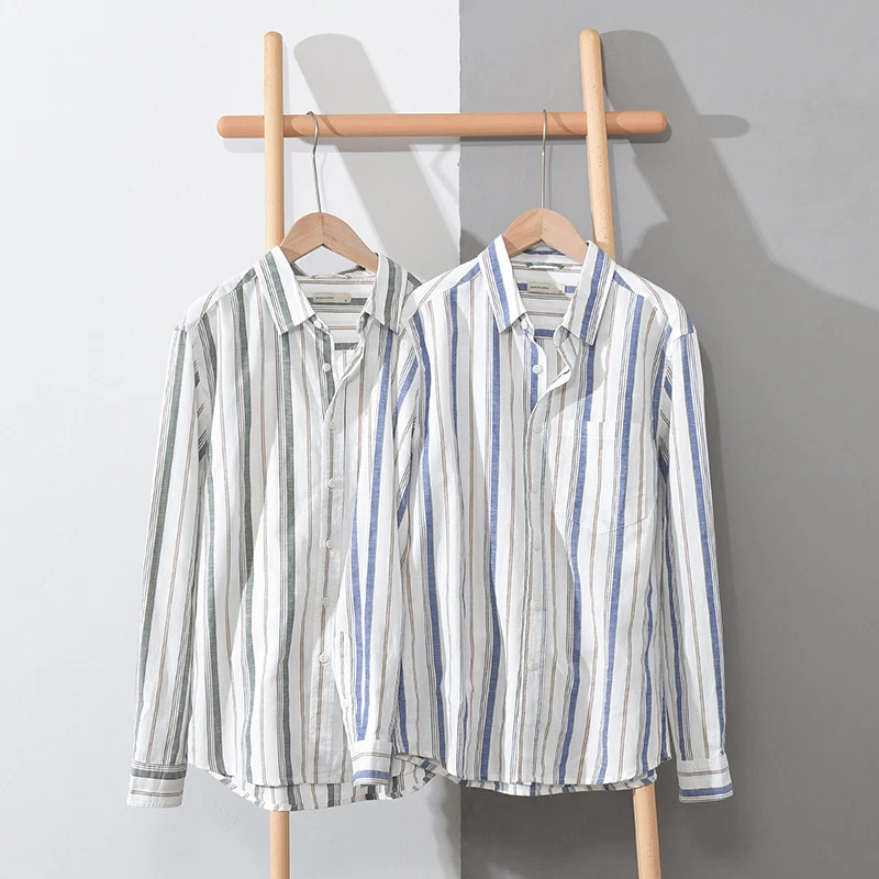 Men's Striped Long-Sleeved Cotton Linen Casual Button-Down Shirt Top
