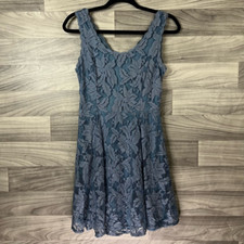 Alya Womens Fit & Flare Dress Blue Floral Lined Scoop Neck Sleeveless Lace S