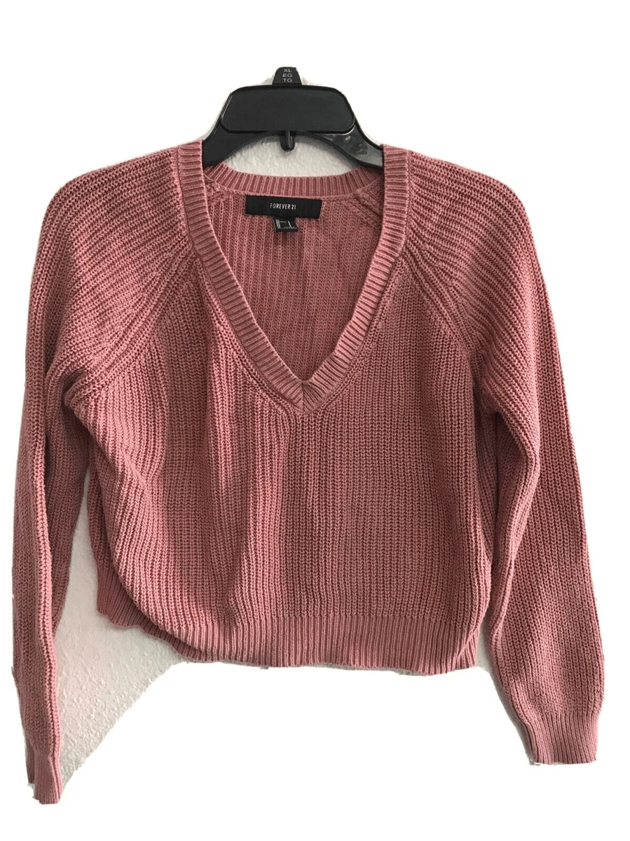 Forever 21 Dusty Rose Pink V Neck Ribbed Knit Oversized Cropped Sweater S