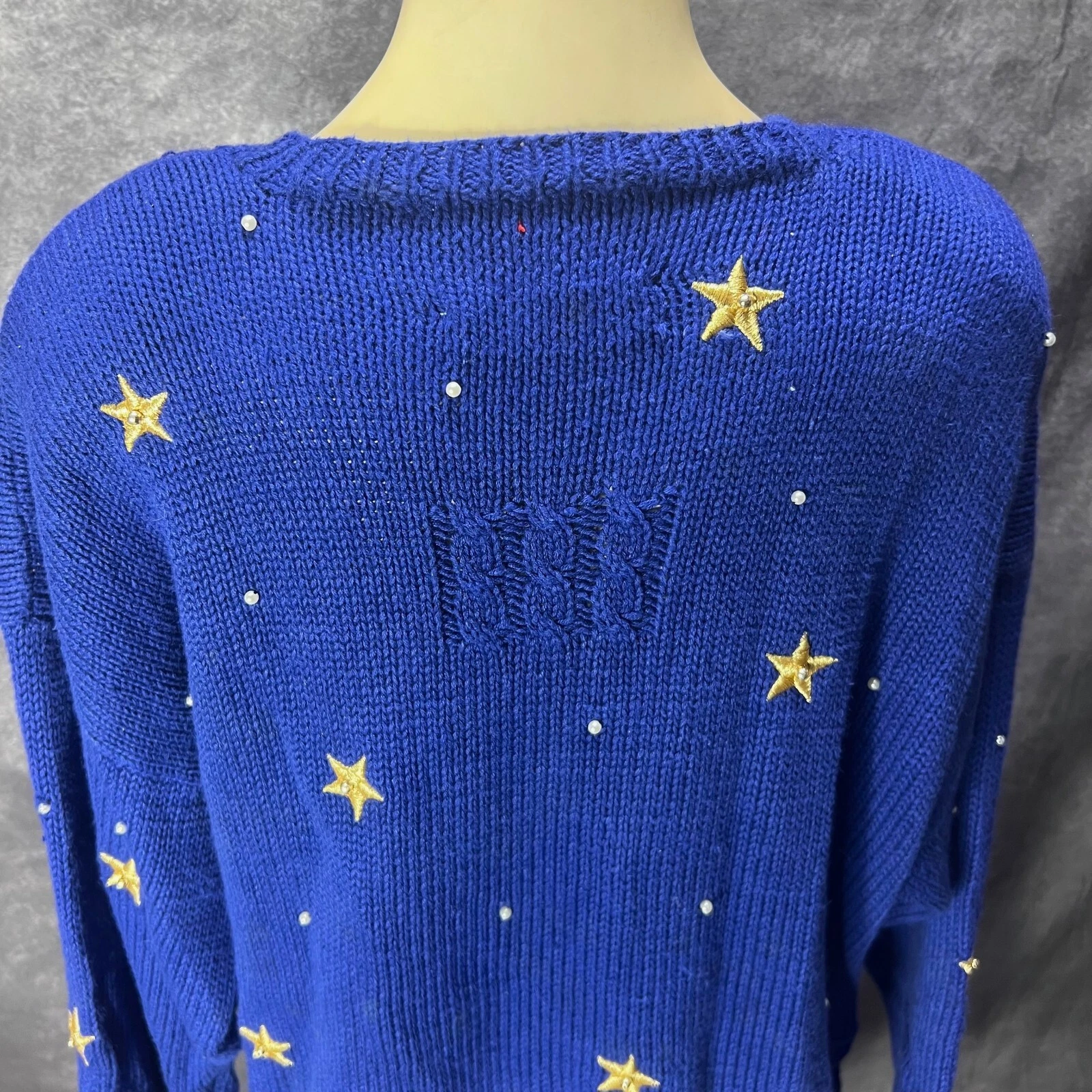 VTG Marisa Christina Ugly Christmas Sweater Womens L Blue Santa Sleigh Rudolph