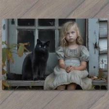 POSTCARD Girl Black Cat Weird Creepy Pet Old Vibe Unusual Cute Scary Strange Fun