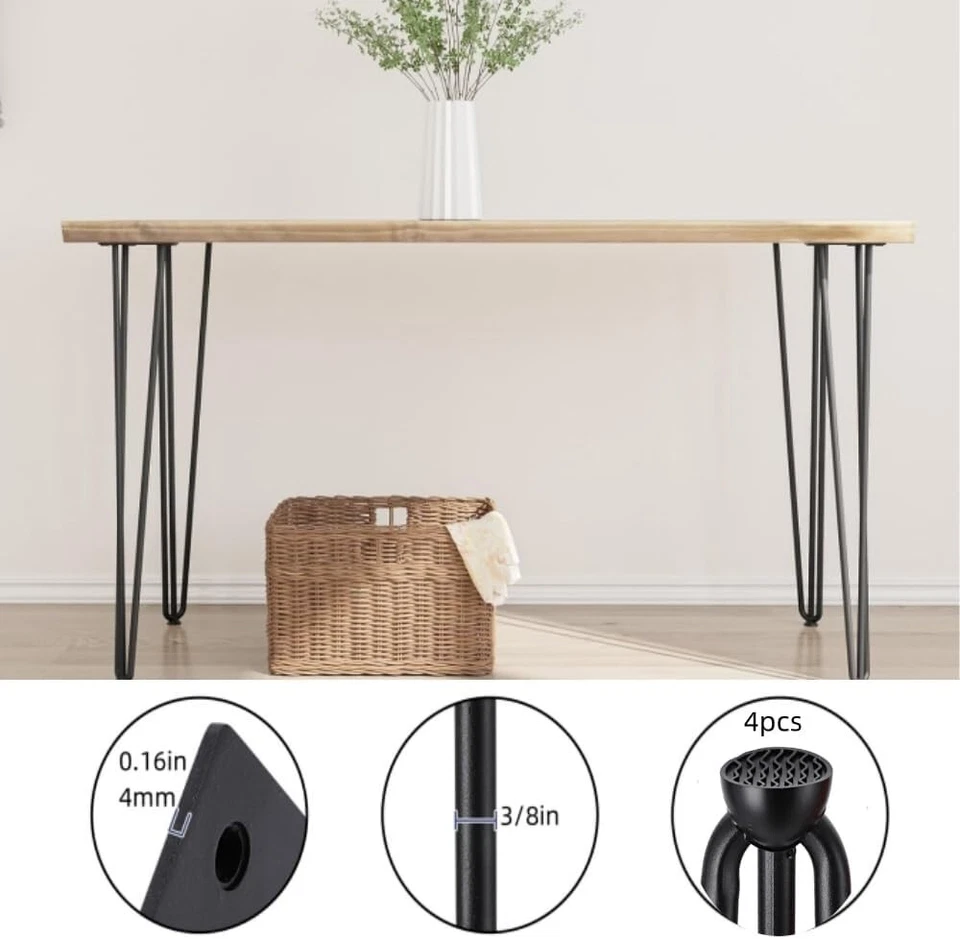 4PCS 20" Hairpin Table Legs Metal Furniture Legs 3 Rods 880LBS W/Floor Protector - Image 3 of 4