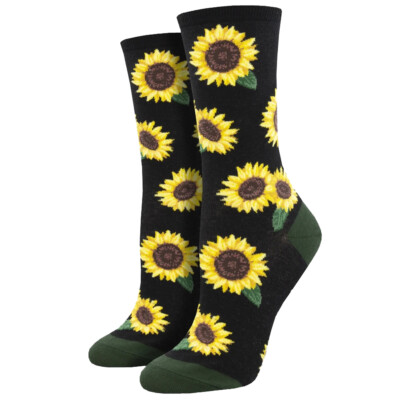 Socksmith Women's Crew Socks More Blooming Sunflowers Floral Black Footwear