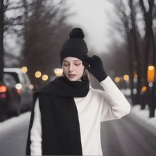 Women Winter Knit Beanie Hat, Scarf  Gloves Set Black color