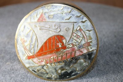 Vintage brass enamel top Norse Viking SAILING on the Open Sea trinket box
