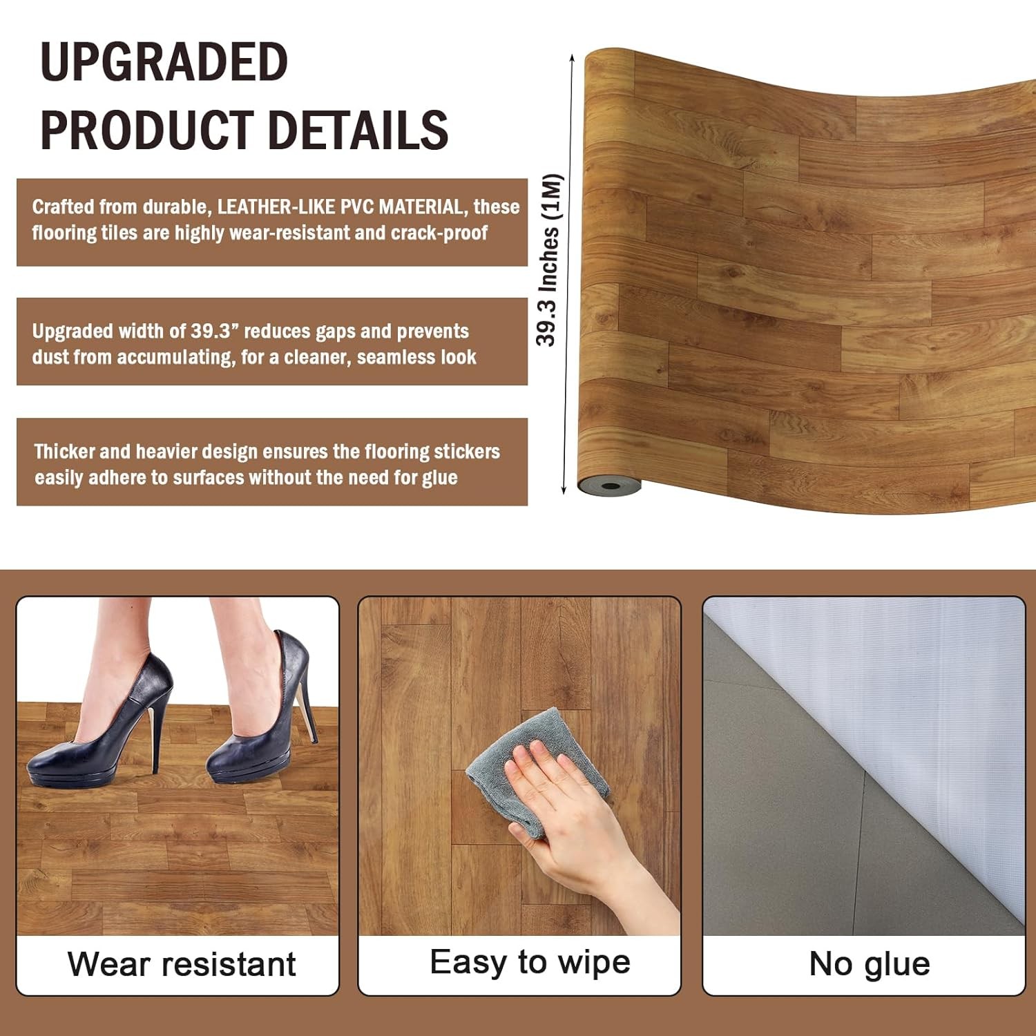 Vinyl Flooring Roll 53 Sq.Ft | 3'4"W X 16'5"L, PVC Leather-Like Linoleum Floor C