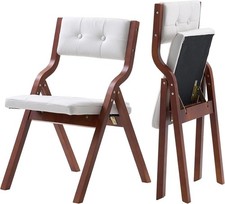 Wooden Folding Chairs with Leather Cushion and Wooden Frame White Set of 2
