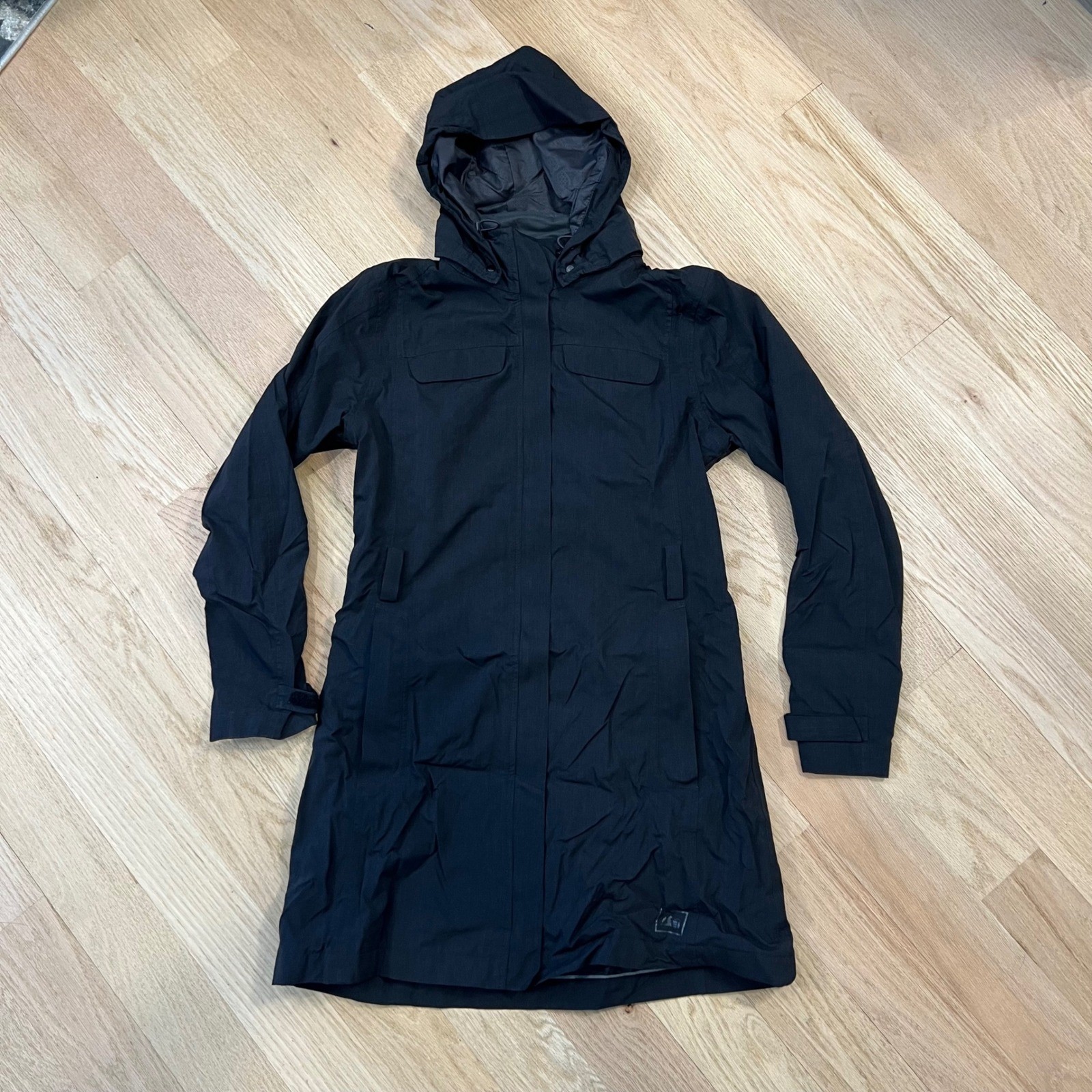 REI Co-op Jacket Hooded Rain Parka Black Full Zip Women's Small Outdoor Active