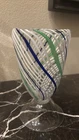 Murano Style Art Glass Vase Blue Green White Striped Hand Blown 7.25”