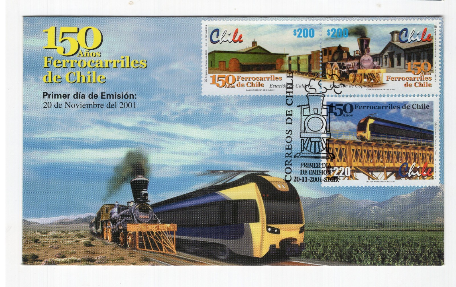 CHILE 2001 FDC Train Locomotive railway railroad 150 years
