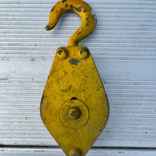 Vintage Heavy Duty Industrial Pulley Block w/ Hook Metal Rigging Tool Yellow