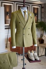 Men Green Double Breasted Peak Lapel Groom Prom Party Tuxedo Wedding Suit Custom