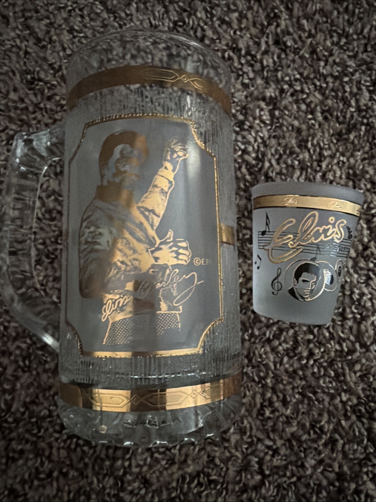Elvis 22 Karat Gold by Culver Beer Mug/Glass  & Shot Glass Set EUC