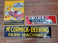 LOT OF 3 VINTAGE OLD STOCK EMBOSSED SIGNS SINCLAIR MCCORMICK DEERING OIL SIGN