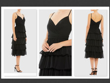 NWT Mac Duggal Black Ruffle Layered V-Neck Midi Dress Size 2