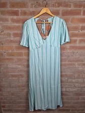 MEISIE Emerald Green Stripe V Neck Midi Dress Size L Tie Back Summer Boho UK 14