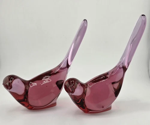 Set Of 2 Vntg Cranberry FENTON GLASS Longtail Happiness Birds hand blown