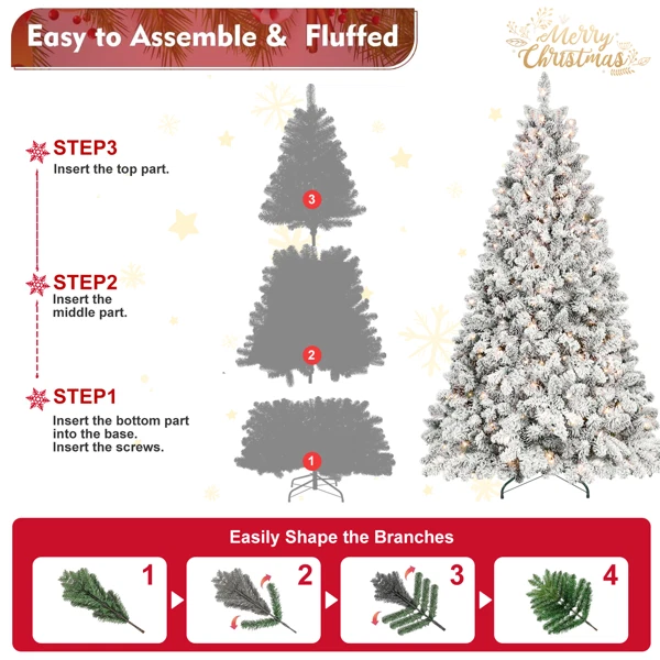 🎄 6FT Flocked Pre-Lit Christmas Tree 🎄 350 Warm White LED Lights, 888 Tips - Image 3 of 4