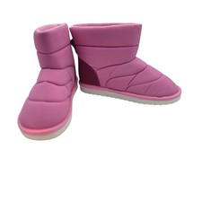 Girls Pink Puffer Winter Boots 6 Youth Warm Faux Fur Lined Slip On Lands End