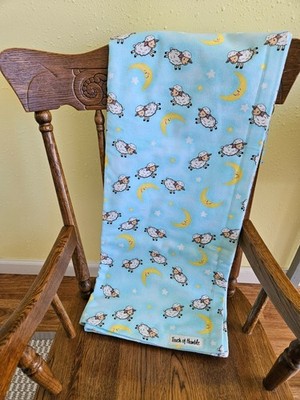 Receiving Baby Blanket. Soft Flannel, Jumping Sheep, Moon, Blue, Yellow  42''x32''