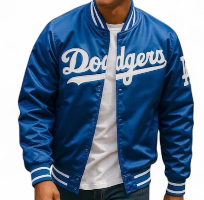 Chaqueta estilo bombardero universitario de béisbol satinado azul de los Dodgers LA todas las tallas