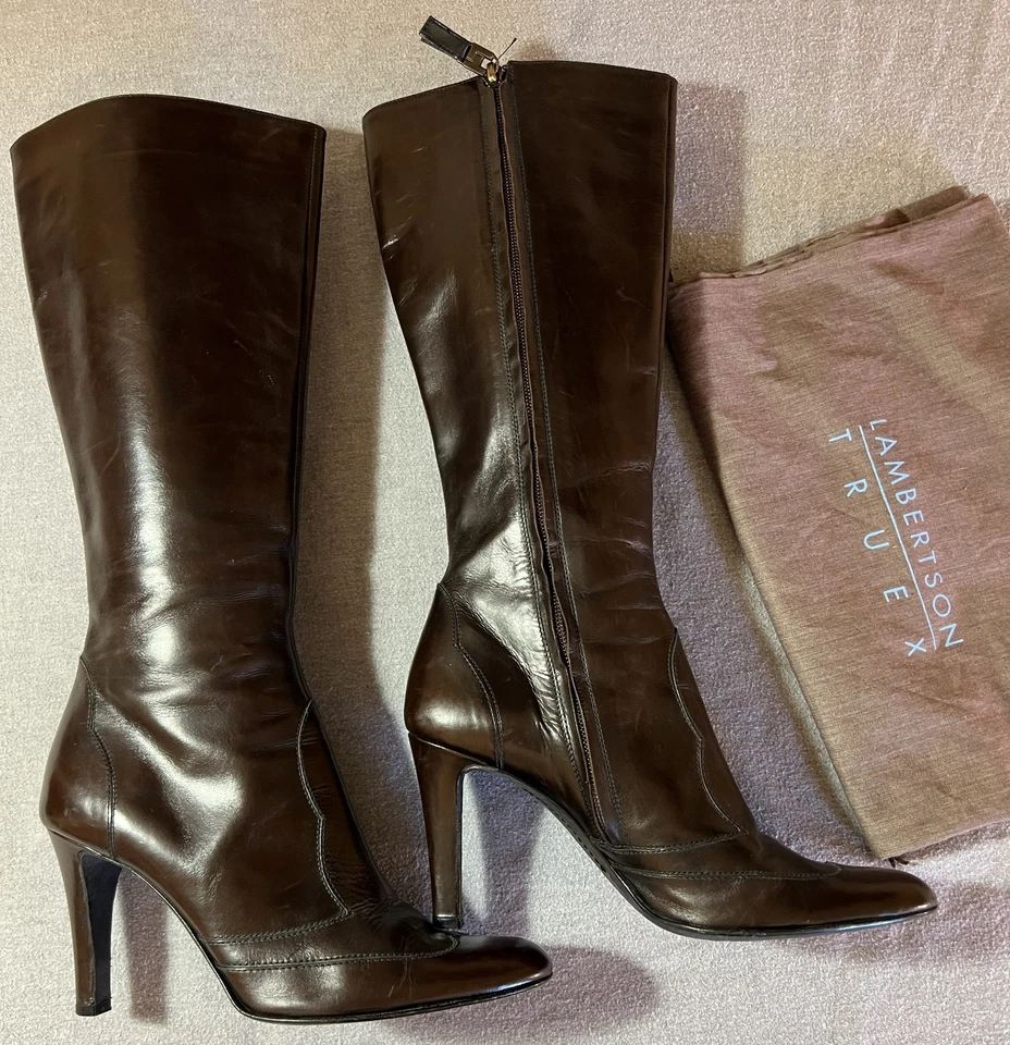 Lambertson Truex Women’s Brown Leather Heeled Long Boots Size 7.5 Made in Italy - Image 2 of 4