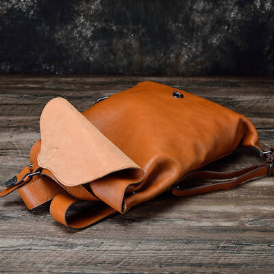 Erivis Brown Leather Backpack Women Vertical Zipper Pockets Durable