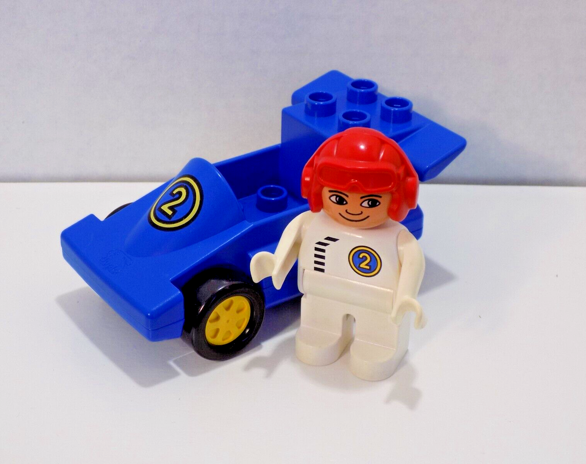 Vintage Lego Duplo 2609 Racer Blue Race Car #2 w Hitch Driver