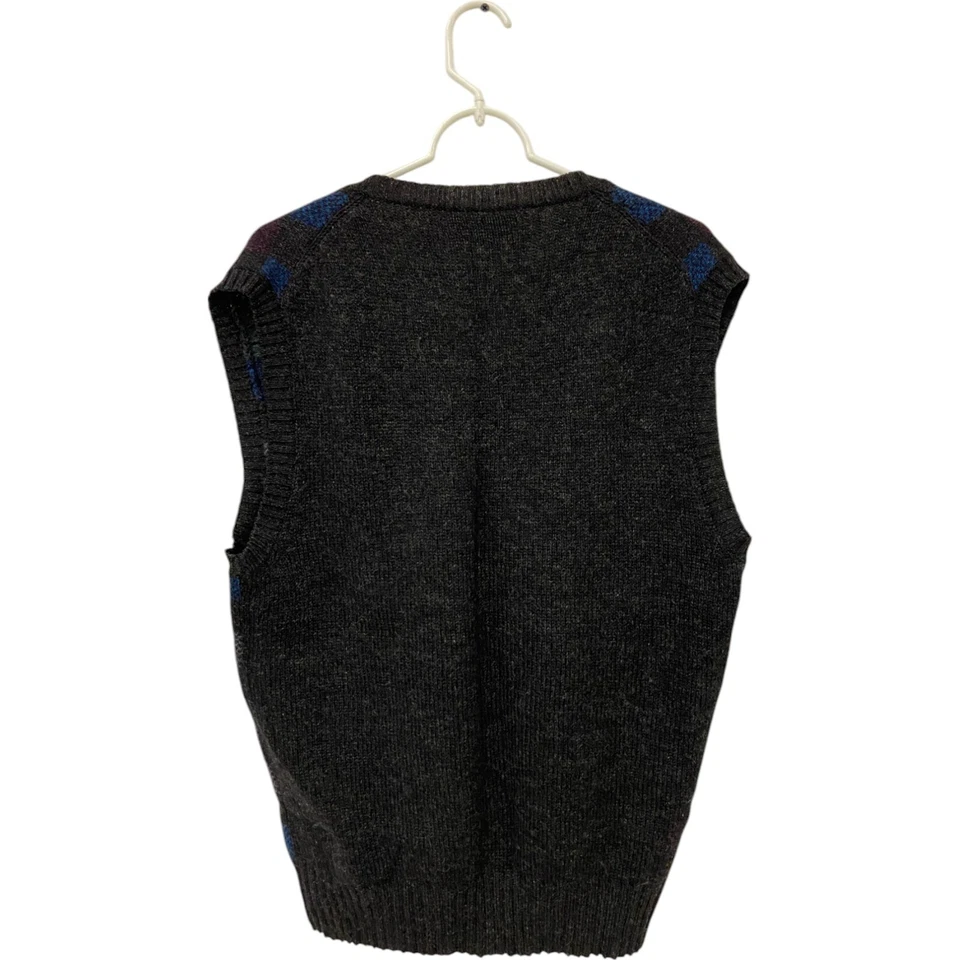 复古 Preswick & Moore 毛衣背心灰色男式 XL 纯羊毛 V 领方格 — 第 2/4 张图片